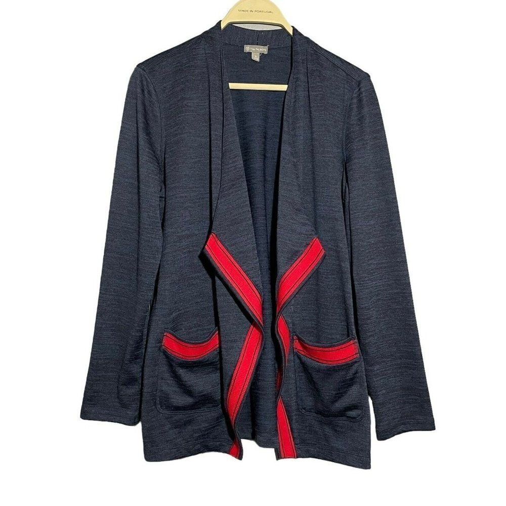 T Talbots Cardigan Sweater Kimono Open Front Women Size S Blue Navy Red Pocket